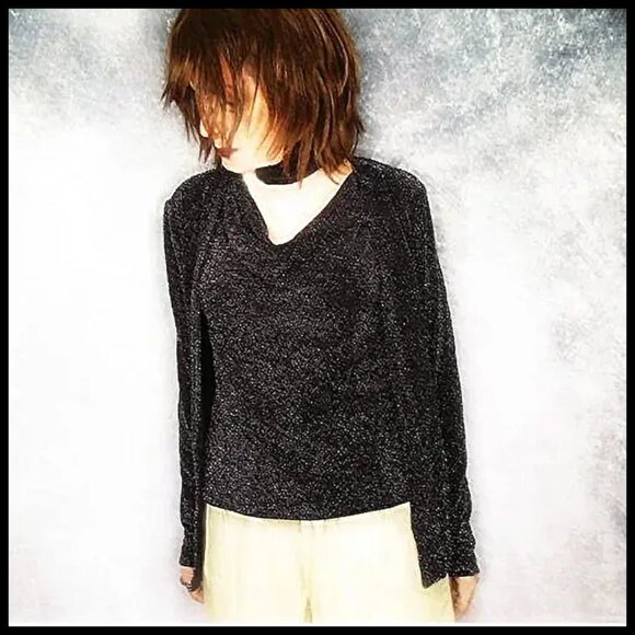 Cardigan Jacket & Cowl Neck Tank Top Black / Silver Lurex, Sparkly Knit Twin Set - Picture 5 of 12